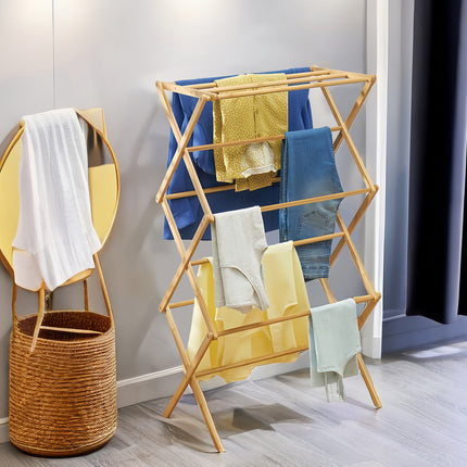 Bamboo Clothes Drying Rack Folding Floor Stand Indoor Vertical Laundry Hanger