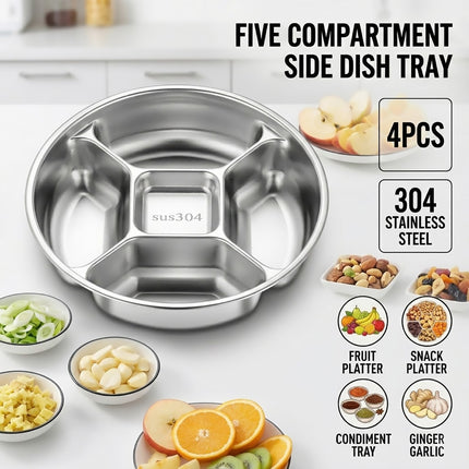 Stainless Steel 5 Compartment Divided Plates Set of 4 Snack Prep Tray