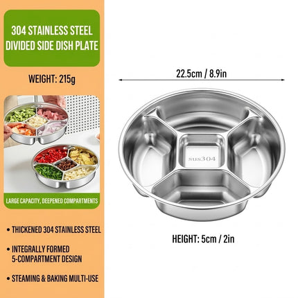 Stainless Steel 5 Compartment Divided Plates Set of 4 Snack Prep Tray