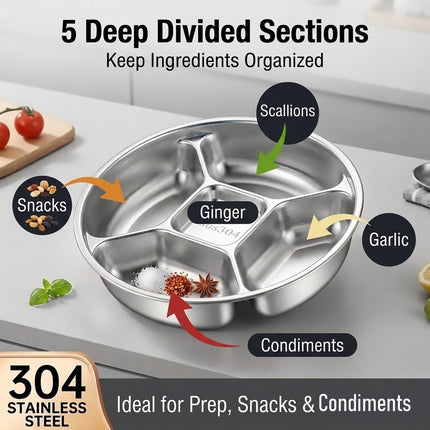 Stainless Steel 5 Compartment Divided Plates Set of 4 Snack Prep Tray