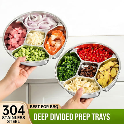 Stainless Steel 5 Compartment Divided Plates Set of 4 Snack Prep Tray