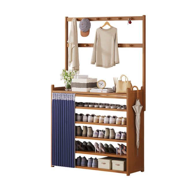 Multifunctional Bamboo Shoe Rack with Curtain for Entryway Shoes Hats Clothes