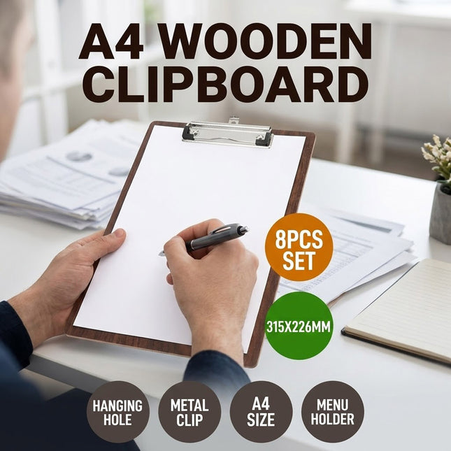 A4 Wooden Clipboard Set of 8 Walnut Grain Stainless Steel Clip Menu Board