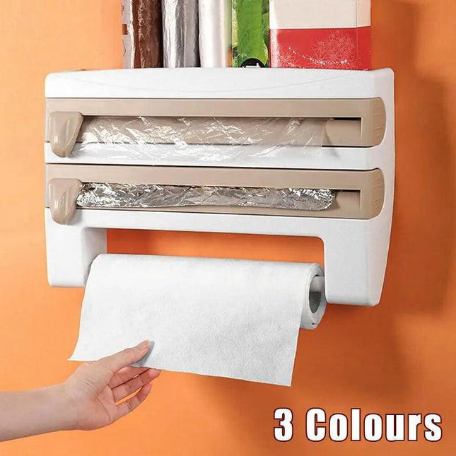 4In1Wall Mount Kitchen Holder Foil Towel Roll Cling Wrap Rack Dispenser Cutter - Aimall