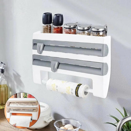 4In1Wall Mount Kitchen Holder Foil Towel Roll Cling Wrap Rack Dispenser Cutter - Aimall