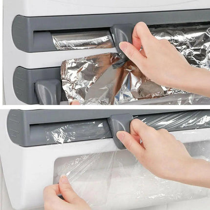 4in1WALL MOUNT KITCHEN HOLDER FOIL TOWEL ROLL CLING WRAP RACK DISPENSER CUTTER - Aimall