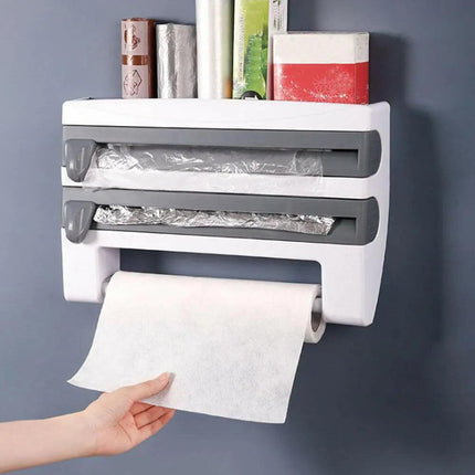 4in1WALL MOUNT KITCHEN HOLDER FOIL TOWEL ROLL CLING WRAP RACK DISPENSER CUTTER - Aimall