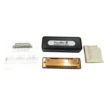 Harmonica 10 Holes Key Of C Blue Blues Harp Stainless Steel Brass