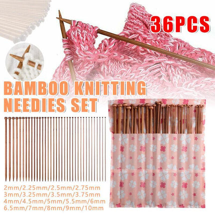 Bamboo Knitting Needles Set Case 18Sizes 36PCS 35cm For Crochet
