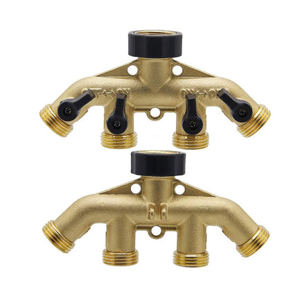 4Way Solid Brass Hose Splitter Quick Connector Shut Off Valves 3-4 Tap Outlet