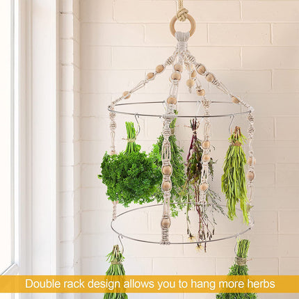 Handwoven Hanging Herb Spice Flower Drying Rack with Cotton Rope Wood Ring