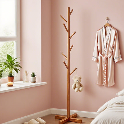 Freestanding Wooden Coat Rack Clothes Hanger with 8 Hooks for Entryway Bedroom