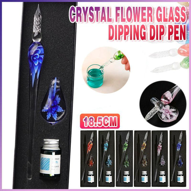 Crystal Flower Glass Dipping Dip Pen Writing Set Gift Pack Fountain Calligraphy - Aimall