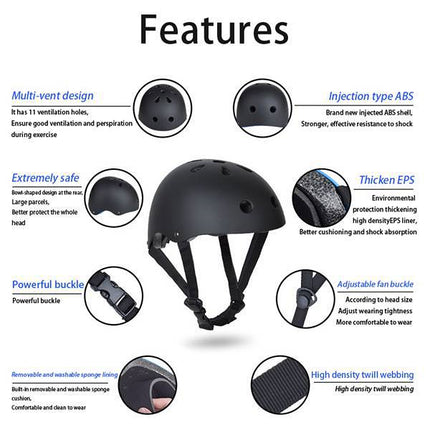 Black Bike Skate Helmet with Adjustable Fit Lightweight Protective Design 3 Sizes