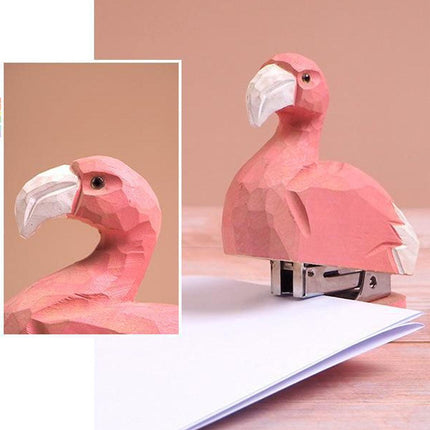 Mini Wooden Flamingo Stapler Cute Animal Carving Office Desk Accessory Tool