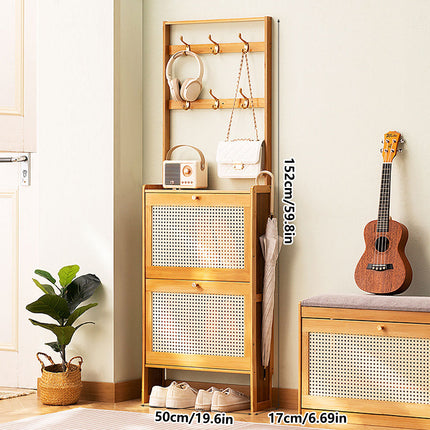 Slim Bamboo Shoe Cabinet Tipping Door with Hooks Entryway Shoe Rack