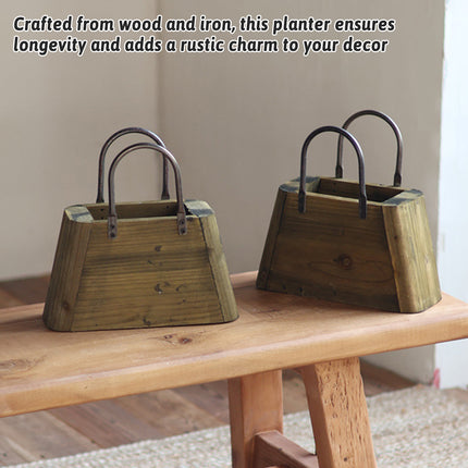 26cm Handbag Shape Flower Pot with Metal Handles in Natural Wood