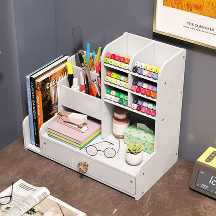 Desktop Stationery Organiser Rack with Side Bookend Drawer for Pens Markers
