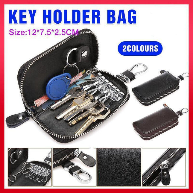 Key Holder Bag Leather Case Ring Wallet Car Unisex Pouch Keychains Black Coffee - Aimall