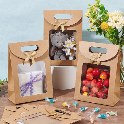 24PCS Kraft Paper Gift Bag Window Handheld Bow Clamshell Packaging Shopping Bag