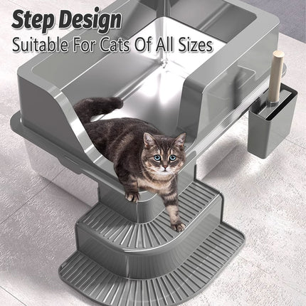 Semi Enclosed Large Stainless Steel Cat Litter Box Durable Easy Clean Cat Toilet