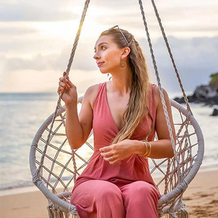 Beige Hammock Swing Chair Cotton Macrame Hanging Rope Seat Indoor Outdoor Patio