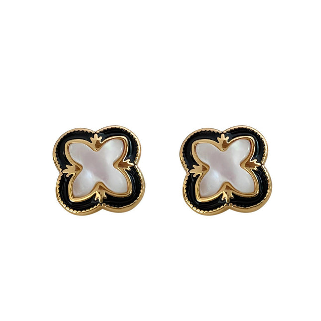 Four-leaf Clover Black Dropping Lace Shell Earrings Atmospheric Simple Light Luxury Fashion Earrings