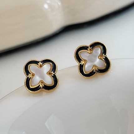 Four-leaf Clover Black Dropping Lace Shell Earrings Atmospheric Simple Light Luxury Fashion Earrings