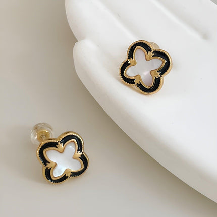 Four-leaf Clover Black Dropping Lace Shell Earrings Atmospheric Simple Light Luxury Fashion Earrings