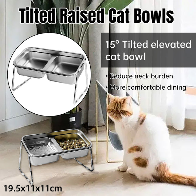 Cat Food Bowl Set Double Tilted Stainless Steel Pet Feeding Bowl Non Slip Stand