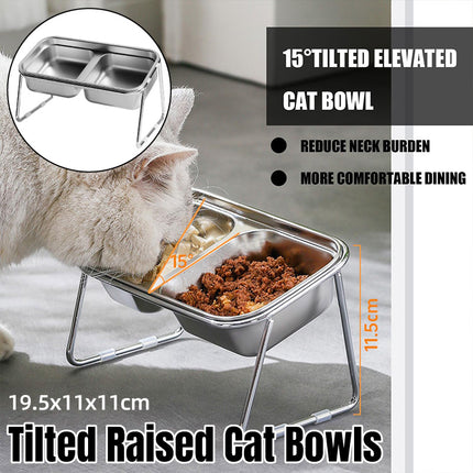 Cat Food Bowl Set Double Tilted Stainless Steel Pet Feeding Bowl Non Slip Stand