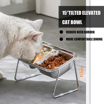 Cat Food Bowl Set Double Tilted Stainless Steel Pet Feeding Bowl Non Slip Stand