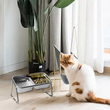 Cat Food Bowl Set Double Tilted Stainless Steel Pet Feeding Bowl Non Slip Stand