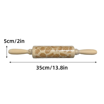 Christmas Wooden Rolling Pin Engraved Pine Cone Leaf Pattern Baking Embossed