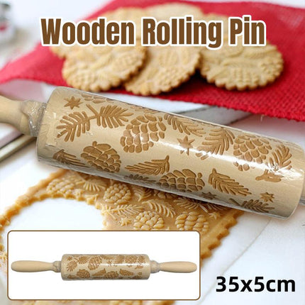 Christmas Wooden Rolling Pin Engraved Pine Cone Leaf Pattern Baking Embossed