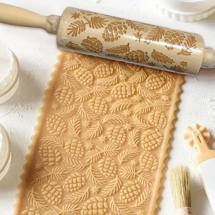 Christmas Wooden Rolling Pin Engraved Pine Cone Leaf Pattern Baking Embossed