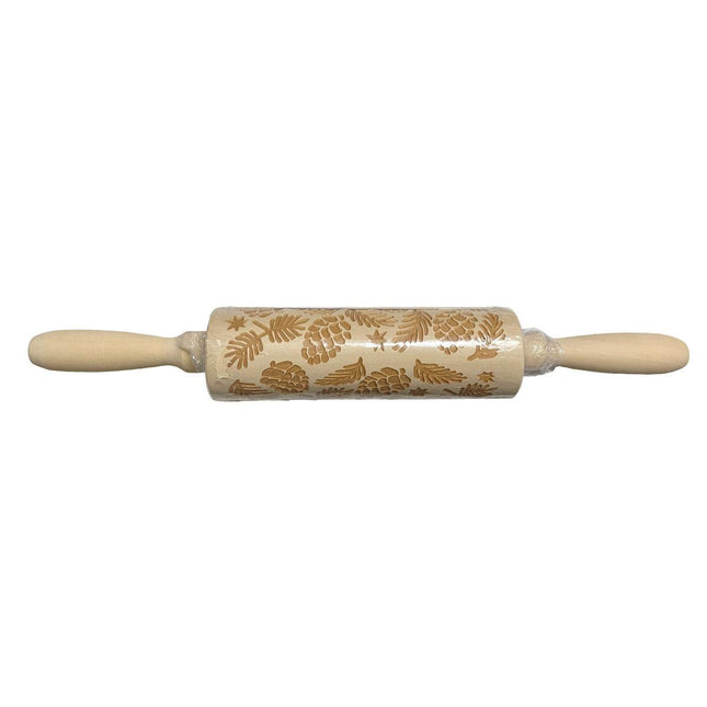 Christmas Wooden Rolling Pin Engraved Pine Cone Leaf Pattern Baking Embossed