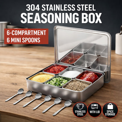 304 Stainless Steel 6 Compartment Seasoning Box with Spoons