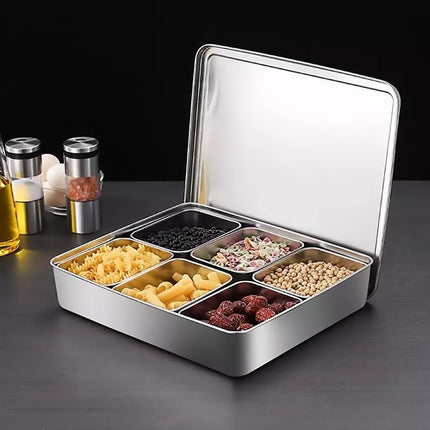 304 Stainless Steel 6 Compartment Seasoning Box with Spoons