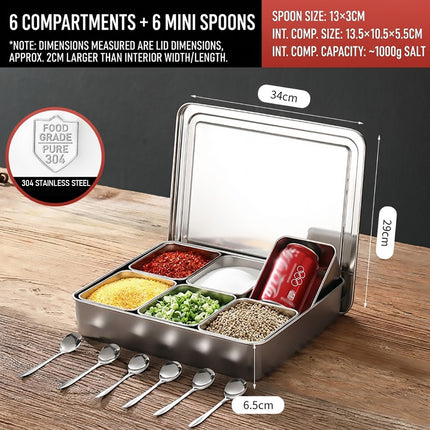 304 Stainless Steel 6 Compartment Seasoning Box with Spoons