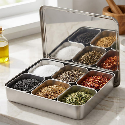 304 Stainless Steel 6 Compartment Seasoning Box with Spoons