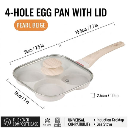 4 Hole Egg Frying Pan with Glass Lid Cream Nonstick