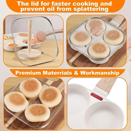 4 Hole Egg Frying Pan with Glass Lid Cream Nonstick