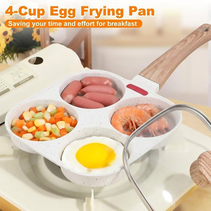 4 Hole Egg Frying Pan with Glass Lid Cream Nonstick