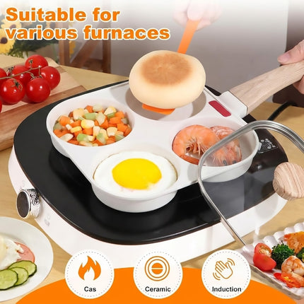 4 Hole Egg Frying Pan with Glass Lid Cream Nonstick