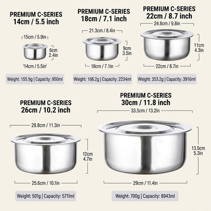 Stainless Steel Cooking Pot Set 5 Sizes with Lids