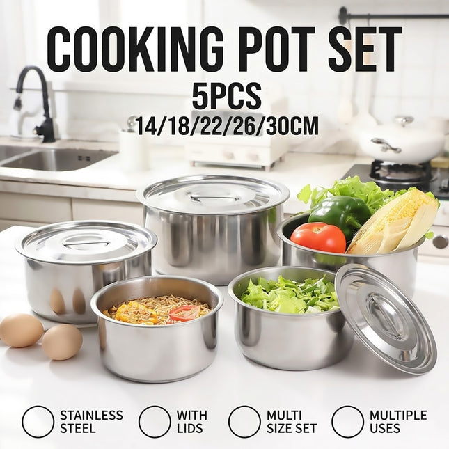 Stainless Steel Cooking Pot Set 5 Sizes with Lids