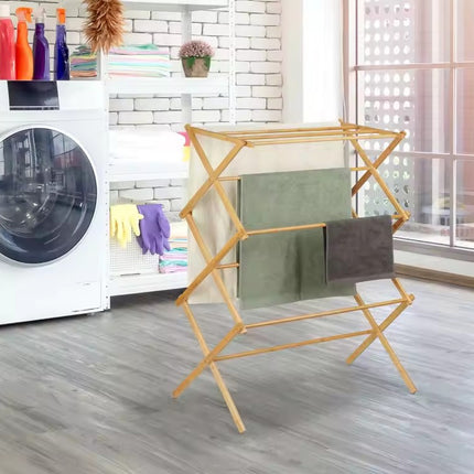 Bamboo Clothes Drying Rack Folding Floor Stand Indoor Vertical Laundry Hanger