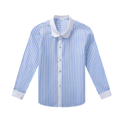 Blue Stripe Children's White Unisex Long Sleeve Cotton Shirt for Kids Boys Girls 3-10Yrs - Aimall