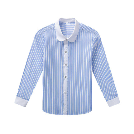 Blue Stripe Children's White Unisex Long Sleeve Cotton Shirt for Kids Boys Girls 3-10Yrs - Aimall